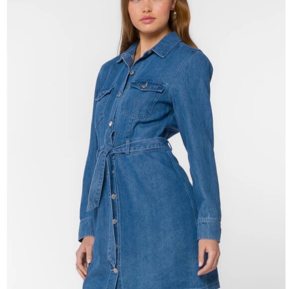 SAHARA CLASSIC INDIGO DRESS DENIM BUTTON DOWN DRESS WITH WAIST TIE LONG SLEEVE - Picture 2 of 5